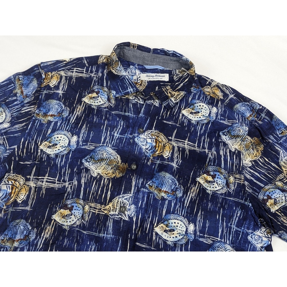 Tommy Bahama Fish Shirt Mens XL Blue Resort Viscose Vacation Beach Aquarium